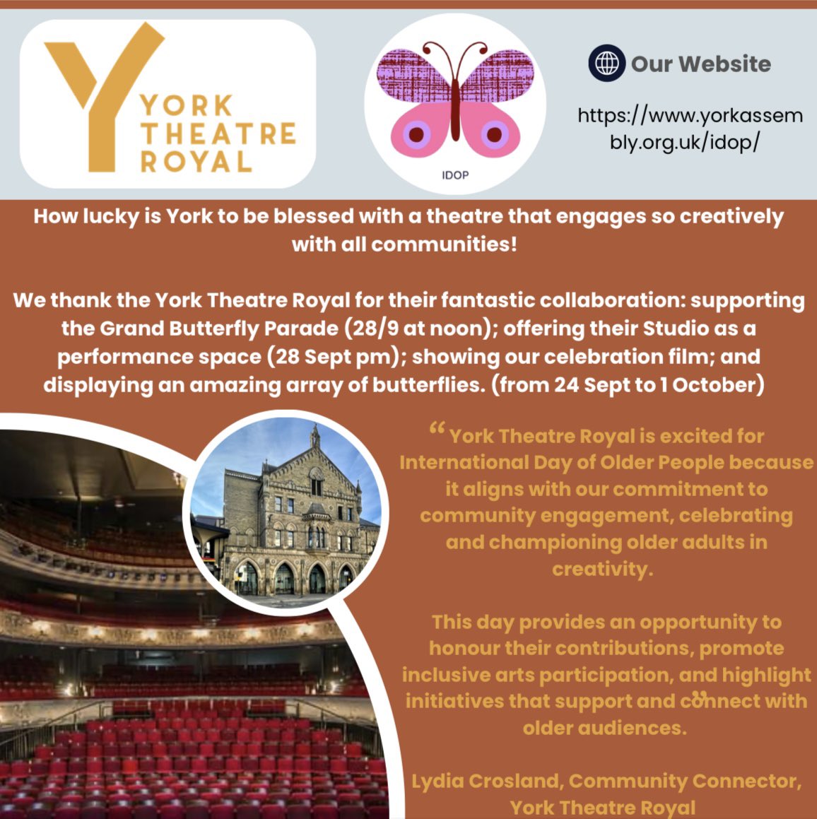 We would like to thank our partner York Theatre Royal joining us on IDOP. 

For more information please visit our website: yorkassembly.org.uk/idop/

#internationaldayofolderpeople #IDOP #Yorktheatreroyal #York