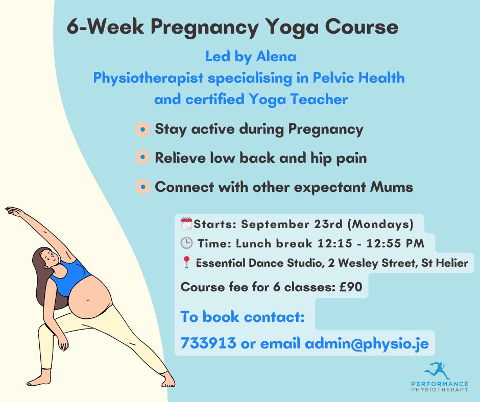 Expecting a baby? Join Alena’s Pregnancy Yoga Course! 🤰6 tailored classes for all stages of pregnancy and gentle postures &amp; relaxation techniques 🧡
Call 733913 or email admin@physio.je for details and to book 🧘🏽‍♀️