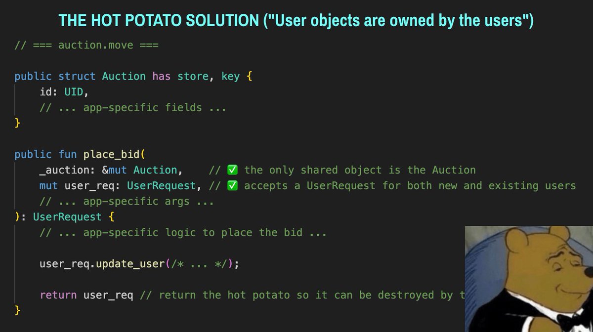 Here is a Move hot potato pattern for user systems in Sui apps 🥔

A typical onchain user system needs to solve the following:

- Have only 1 User object (aka "user profile") per Sui Address.
- User objects must be searchable ("give me the User for this Sui address").
- Actions
