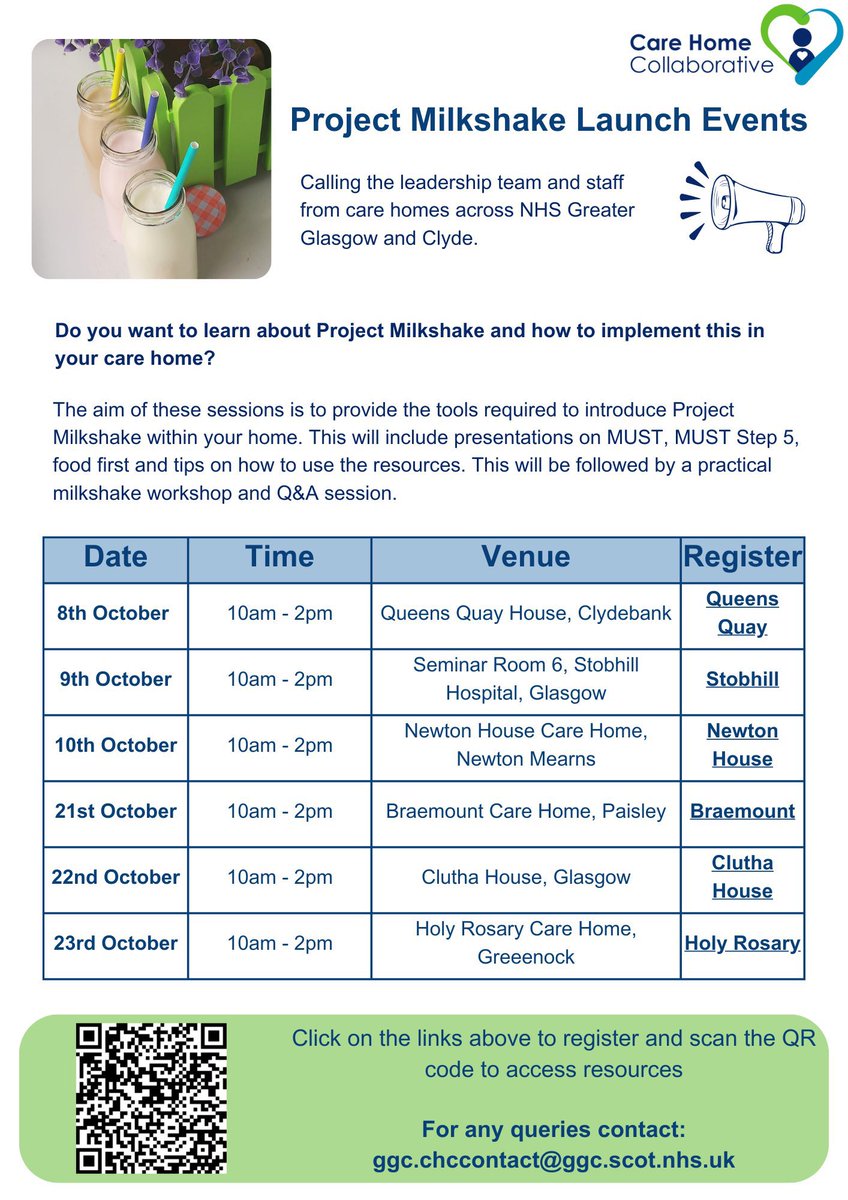Calling all care home leadership teams and staff in Greater Glasgow and Clyde!🚨

The care home dietetic team want to share the project milkshake launch events for care home leadership and staff in October 🥛