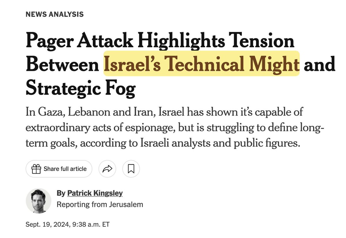 EmmaVigeland's tweet photo. If any military or militant group in a Muslim-majority country detonated bombs in a synchronized manner across civilian areas, killing dozens and injuring thousands, the NY Times would accurately call it as a terrorist attack.

For Israel, it's a display of "technical might." https://t.co/DI50CqKA02