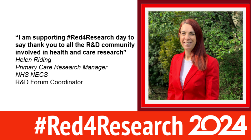 TheRDForum's tweet photo. Helen Riding @THERDForumCoordinator is wearing red to support all those contributing to research @RidingHelen @necsRETeam @NHSnecs
#Red4Research https://t.co/e1enT0VSDP