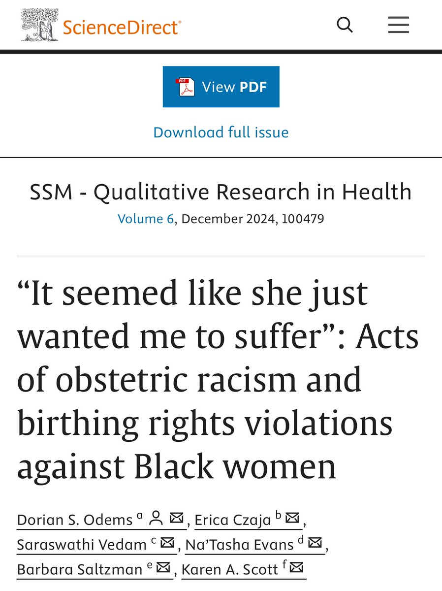 Congrats Dr <a href="/DorianSheryce/">Dorian S. Odems, PhD, MPH, CHES</a> Odems on her 1st - 1st author pub! Available in <a href="/Els_SocialScien/">SocialSciences</a> she’s the 1st to simultaneously interpret Black mothers’ birth experiences using obstetric racism by @drdanaaindavis &amp; Black Birthing Bill of Rigjts by <a href="/thenaabb/">The National Association to Advance Black Birth</a> 

doi.org/10.1016/j.ssmq…