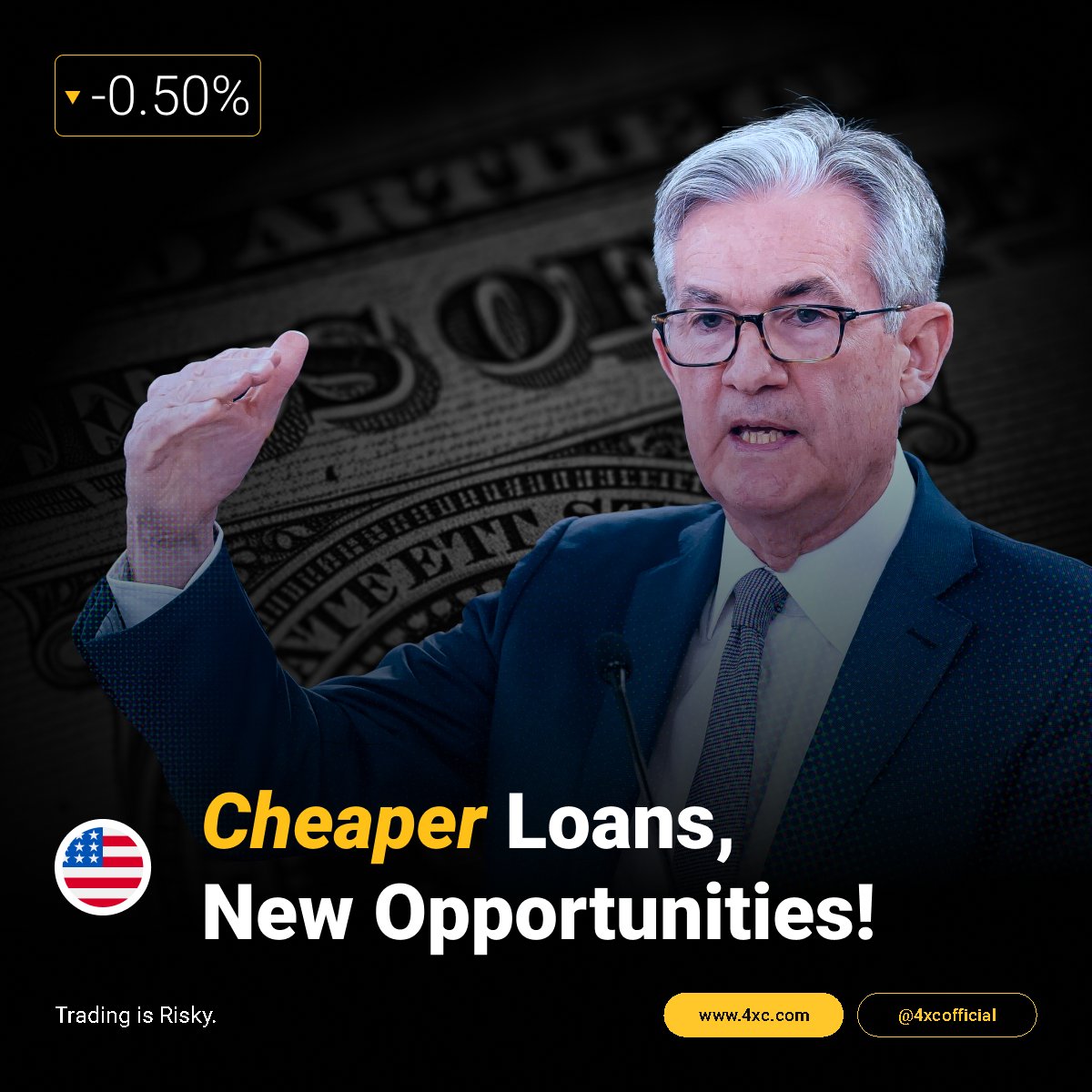 4xcofficial's tweet image. The Federal Reserve cuts interest rates by 0.5%, marking a strong beginning to its first effort to lower rates in four years. 

At 4XC, we're tracking these changes to help you seize top trading opportunities!  

#FinanceNews #4XC