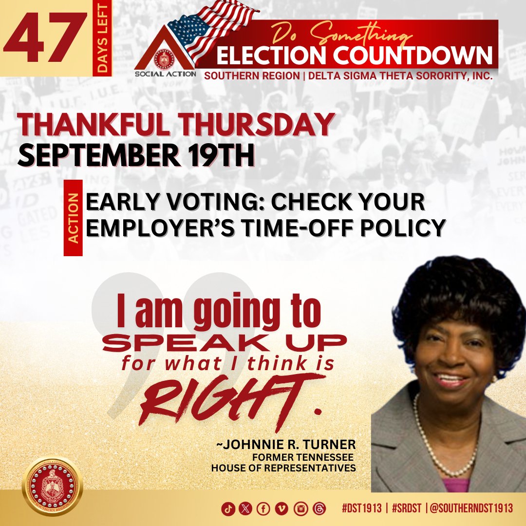 We’re just 47 days away—time to level up!  It’s Thankful Thursday and the action is ON! 🔥

Check your employer’s time-off policy for Election Day! Make sure you’ve got the time to hit the polls. 🗳️ Stay ready, so you don’t have to get ready!

#SRDST #DST1913 #SRDOSOMETHING