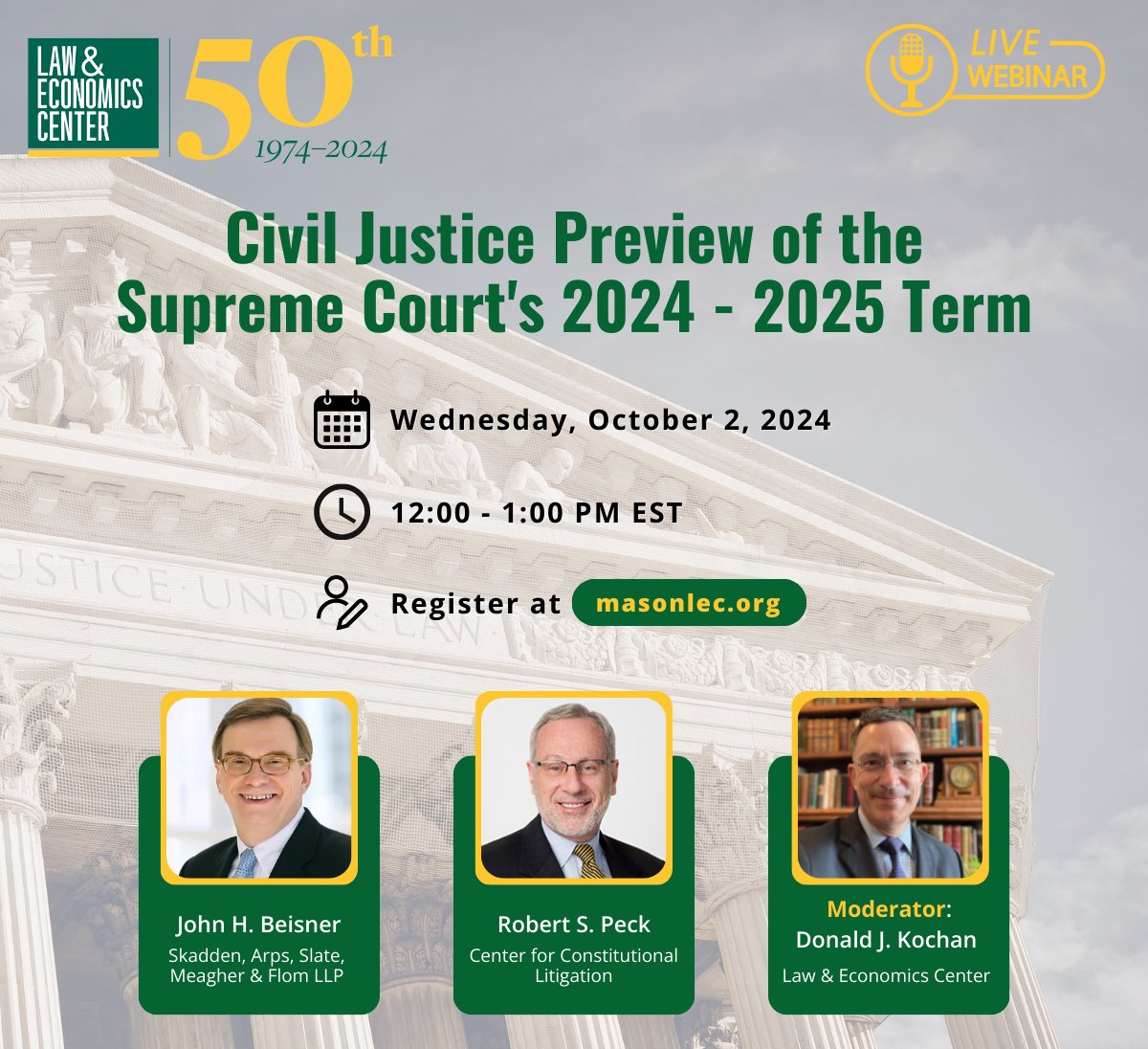 MasonLEC (@masonlec) on Twitter photo 🖥️ Register now for our webinar "Civil Justice Preview of the Supreme Court's 2024 - 2025 Term" with John Beisner (<a href="/SkaddenArps/">Skadden, Arps</a>) and Robert Peck (Center for Constitutional Litigation). Moderated by <a href="/DonaldKochan/">Donald Kochan</a> (<a href="/georgemasonlaw/">Scalia Law School</a>).
Register Here: gmu.zoom.us/webinar/regist… 🖥️ Register now for our webinar "Civil Justice Preview of the Supreme Court's 2024 - 2025 Term" with John Beisner (<a href="/SkaddenArps/">Skadden, Arps</a>) and Robert Peck (Center for Constitutional Litigation). Moderated by <a href="/DonaldKochan/">Donald Kochan</a> (<a href="/georgemasonlaw/">Scalia Law School</a>).
Register Here: gmu.zoom.us/webinar/regist…