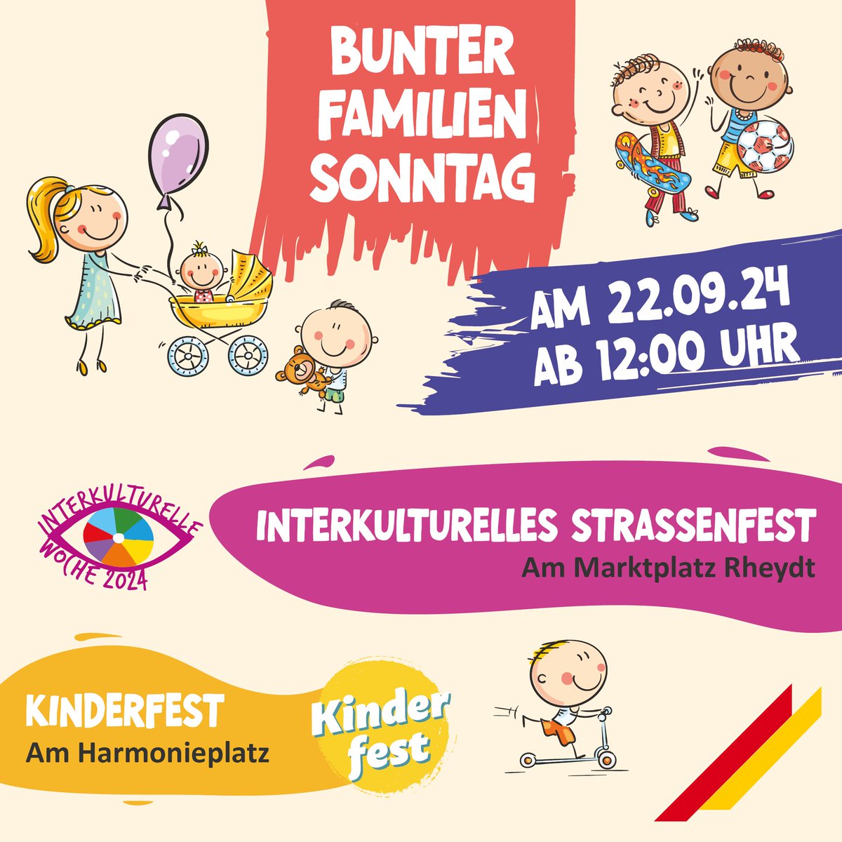 Denkt daran, am Sonntag ist Familiensonntag in Rheydt! Von 12 bis 18 Uhr erwartet euch ein tolles Kinderfest 🧒🎨, ein interkulturelles Straßenfest 🌍 und ab 13 Uhr ein verkaufsoffener Sonntag 🛍️
Basteln, Action und Spaß für die ganze Familie!
🔗 stadt.mg/KinderfestMG