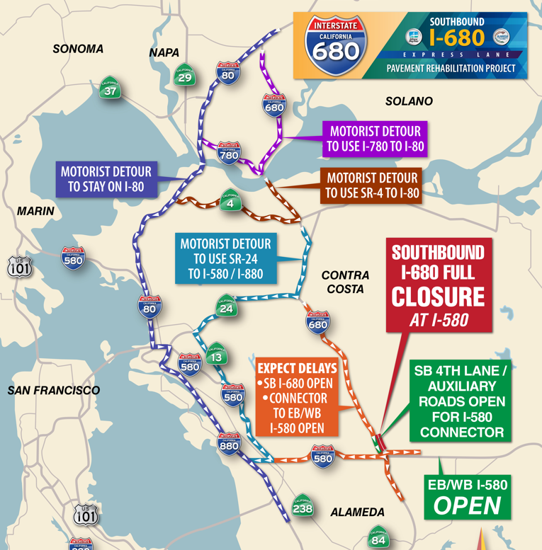 CaltransD4's tweet photo. #HERESWHATYOUNEEDTOKNOW @CaltransD4 will be conducting weekend closures in your area on I-80 in San Francisco and I-680 in starting in San Ramon into Pleasanton plan your route ahead of time using @CaltransHQ QuickMap. Are you Prepared? You could be with https://t.co/dzA17HB1nY https://t.co/4zq87AQoSA