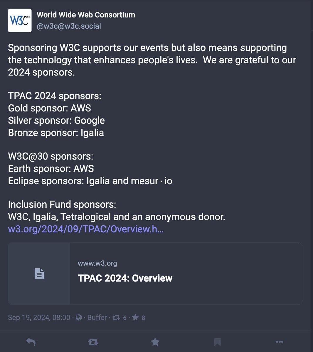 briankardell's tweet photo. The @w3c isn't here anymore so I can't as easily quote them, but I'm pretty proud of this @igalia is one of the very few sponsor at TPAC and the lone organization to be a sponsor of every aspect <3 

https://t.co/plz1vHfb3r https://t.co/qvxbu6FS6l