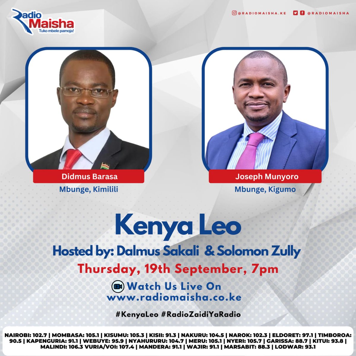 Tupatane <a href="/radiomaisha/">Radio Maisha</a>  kuanzia Saa moja tuzungumze kuhusu Kenya Leo.
Cha muhimu, hakuna kuguza mlima