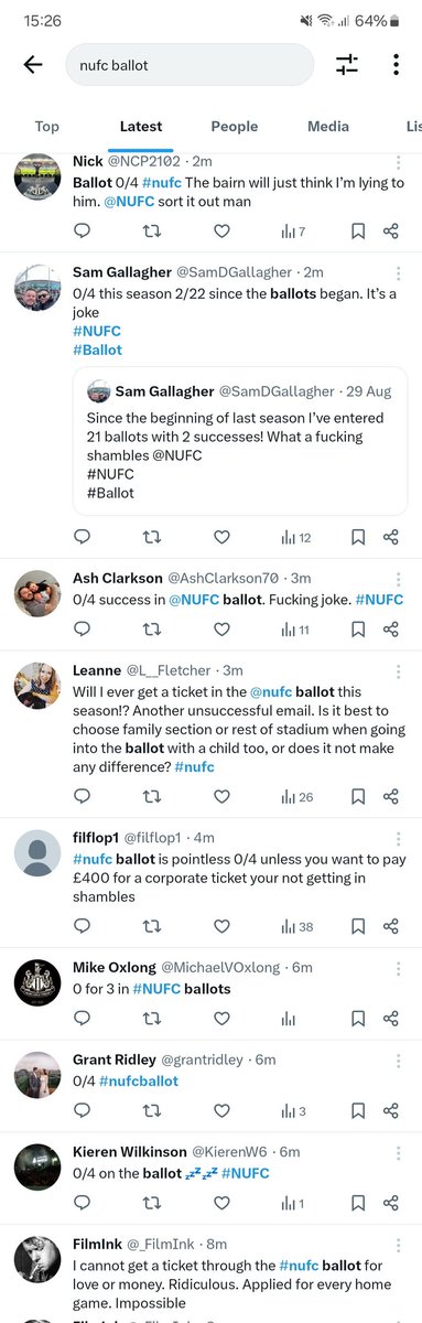 The amount of people getting no tickets in ballots is a joke <a href="/nufc/">Newcastle United</a> #nufc <a href="/nufctrust/">Newcastle United Supporters Trust</a> it's not like it's just the odd person getting no tickets, it's the norm.  The club, like arsenal and others do, must start publishing the ballot entry figures and percentage chance of success.
