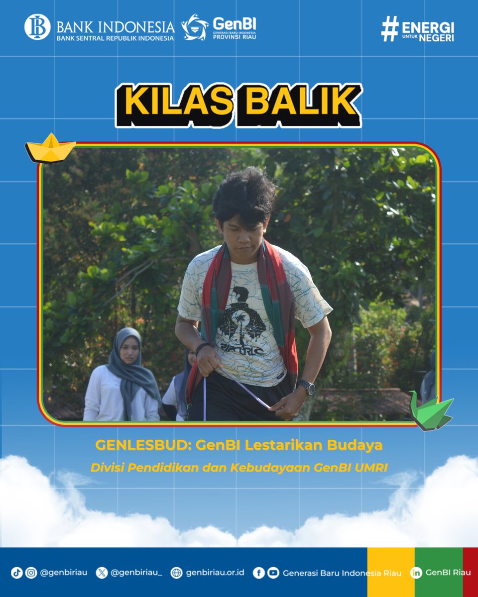 Genbiriau_'s tweet photo. [GENLESBUD: Genbi Lestarikan Budaya]
Halo #SobatGenBI

 “GENLESBUD” (Genbi Lestarikan Budaya).
Kegiatan ini bertujuan untuk melestarikan,mempelajari, dan memperkenalkan kebudayaan yang ada di Riau dari aspek permainan tradisional khas Riau https://t.co/Z5qBQ25ySa
