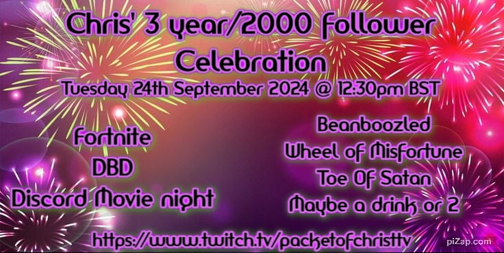 Tuesday guys Is my 2k follower and 3 year streaming anniversary would love to see you at some point:)