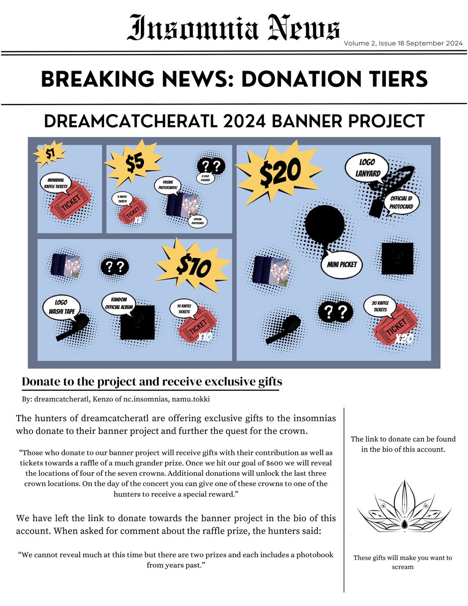 DreamcatcherATL's tweet photo. 💥BREAKING NEWS💥

Donation tiers are now open for the #DreamcatcherATL Banner Project! Every $1 donated will be 1 raffle ticket toward our two amazing prizes! Grab a tier bundle to help push us toward our funding goals! 🤩

#DREAMCATCHER #LuckInside7Doors https://t.co/jOdnMHzfWy