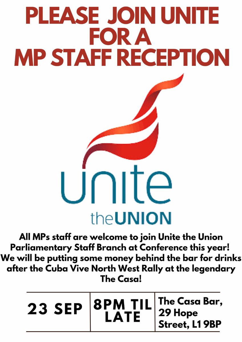 unitepsbranch's tweet image. If you&apos;re MP staff and you&apos;re at the Labour conference this year, you&apos;re very welcome at our reception (union member or not)!