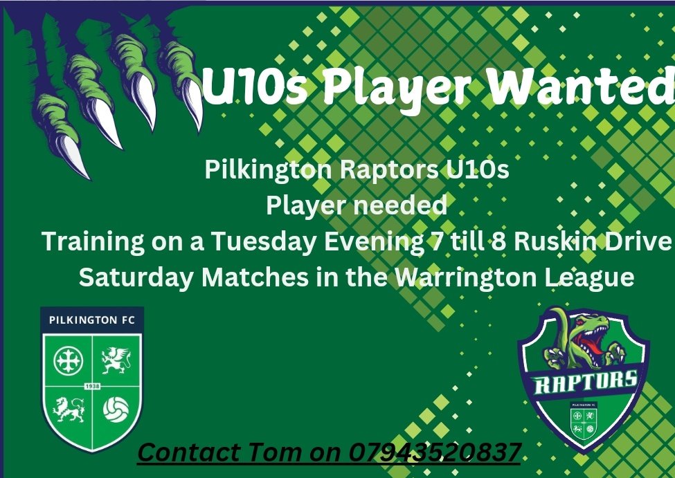 Pilkington FC Jnrs (@pilksfcjuniors) on Twitter photo We have a space opened up in our U10s Raptors team β½οΈ
Currently playing u11s in the <a href="/WarrJFL/">WarringtonJFL</a>
Dm π We have a space opened up in our U10s Raptors team β½οΈ
Currently playing u11s in the <a href="/WarrJFL/">WarringtonJFL</a>
Dm π