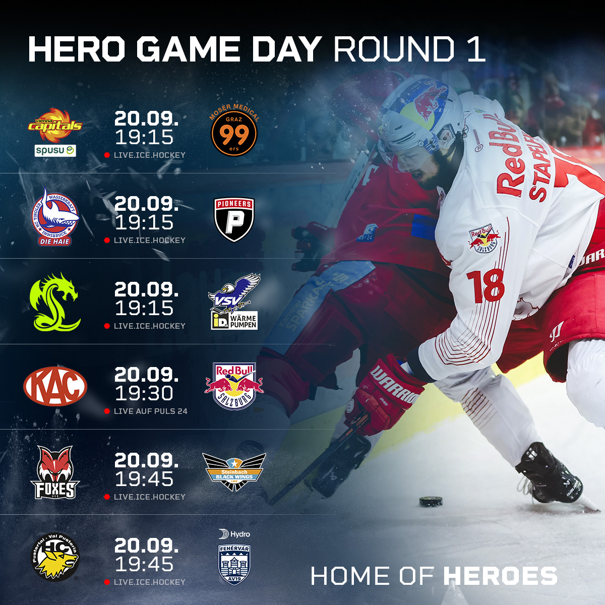 win2dayICE's tweet image. The wait is finally over. The new season of the win2day #ICE starts today. PULS 24 will broadcast the final rematch between EC-KAC and EC Red Bull Salzburg 🅻🅸🆅🅴. The other games are available in the PPV stream on live.ice.hockey.

#HomeOfHeroes #ICEGame