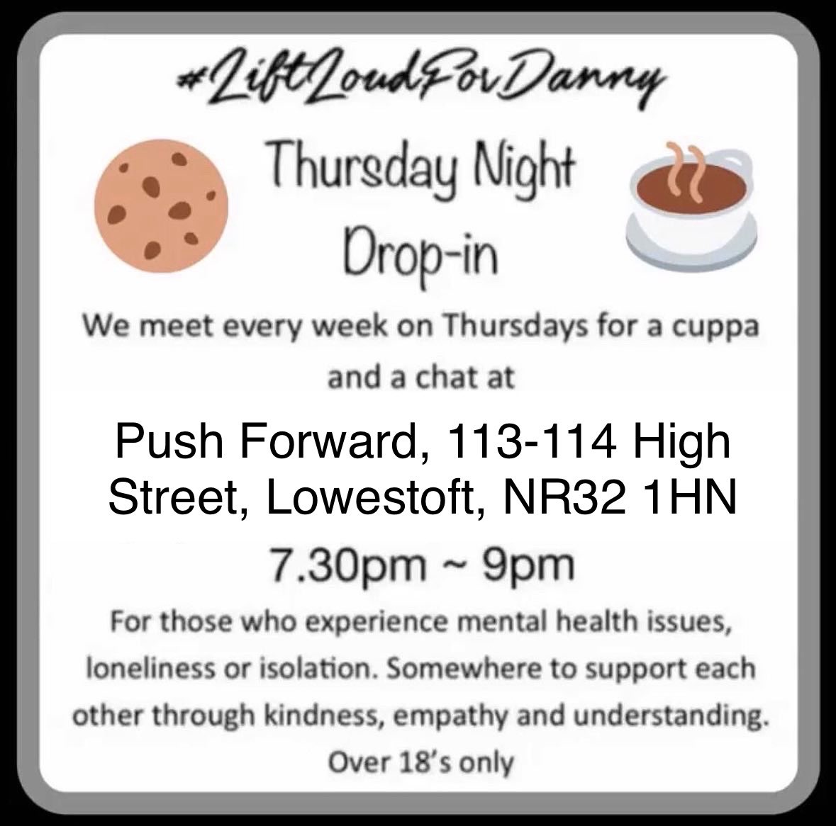 liftloudfordan1's tweet photo. πβ€ Drop In Tonight β€π
If you struggle with #mentalhealth difficulties & want to meet like minded people for peer to #peer #support, come along this evening. Various activities, a warm cuppa or just sit and chat. Sorry but these groups are over 18βs only
#liftloudfordanny https://t.co/sdEEm54Tol