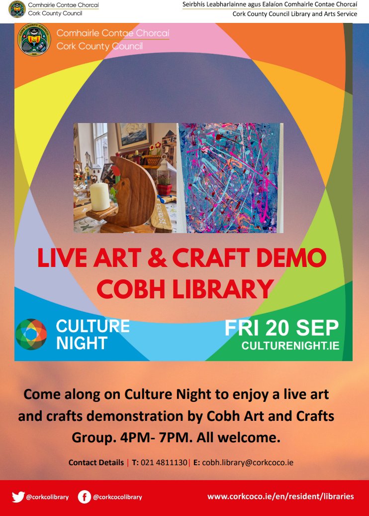 corkcolibrary's tweet photo. For Culture Night, #Cobhlibrary will have a live art and crafts demonstration presented by the Cobh Art and Crafts Group. 4PM - 7PM. All welcome!
#LibrariesIreland
#culturenight
#OneNightForAll
Cobh Edition Cobh News Gicn Cobh https://t.co/ovaNKu3khB