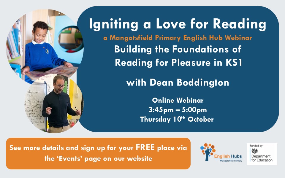 We're excited to launch the first in our series of webinars 'Igniting a Love for Reading' with Building the Foundations of Reading for Pleasure in KS1 with Dean Boddington.

See our website for more details or click here to book: forms.gle/kERUUQZ9njkpZ8…

<a href="/Misterbodd/">Dean Boddington</a>