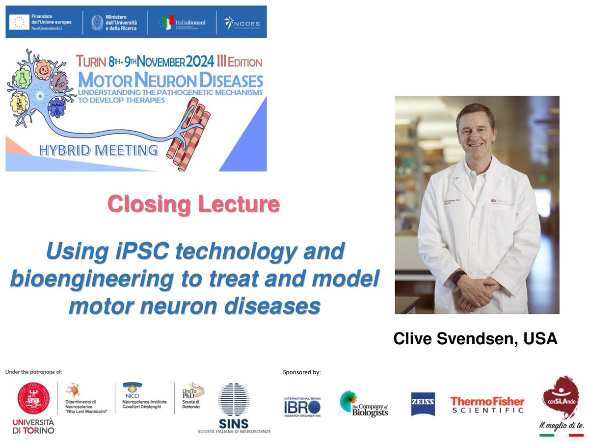 We are very excited to announce that the Workshop on MNDs will be closed by @CliveSvendsen with an in person lecture about the use of iPSC technology and bioengineering to treat and model motor neuron diseases, a field in which he is a worldwide leader.
<a href="/MarinaBoido80/">Marina Boido</a> <a href="/newronico/">NewroNico Brain Development and Disease group</a>