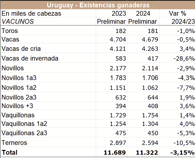 El rodeo vacuno en Uruguay al 30-jun-24 bajó en las proporciones que se preveía a 11,3 millones de cabezas, con caída en la cantidad de terneros (el entore de la seca) y de categorías de invernada, parcialmente compensadas por aumento de las vacas de cría