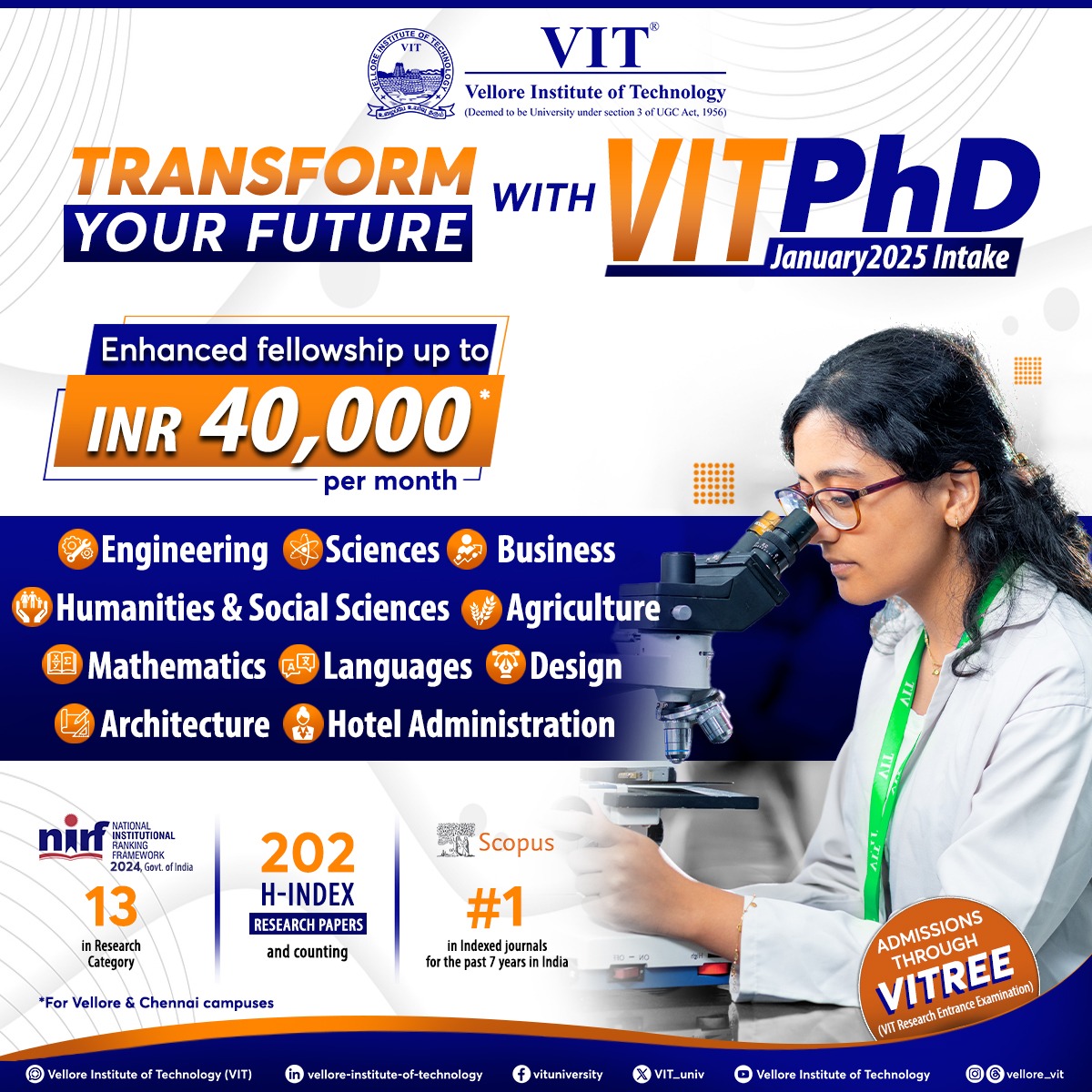 VIT_univ's tweet photo. Unleash the power of innovation and elevate your research endeavours to unprecedented heights. Join us in revolutionizing the future of knowledge.
Apply for January 2025 #PhD intake through #VITREE @ https://t.co/FziGEu8cNb
#VIT #Research #ResearchEntrance #Innovation https://t.co/6JSqQARsRC