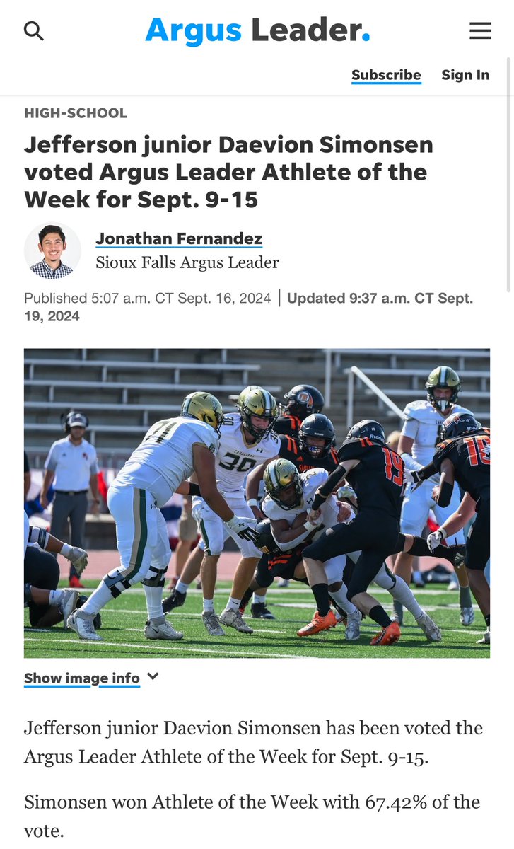 Jefferson’s Daevion Simonsen is voted Argus Leader Athlete of the Week for Sept. 9-15