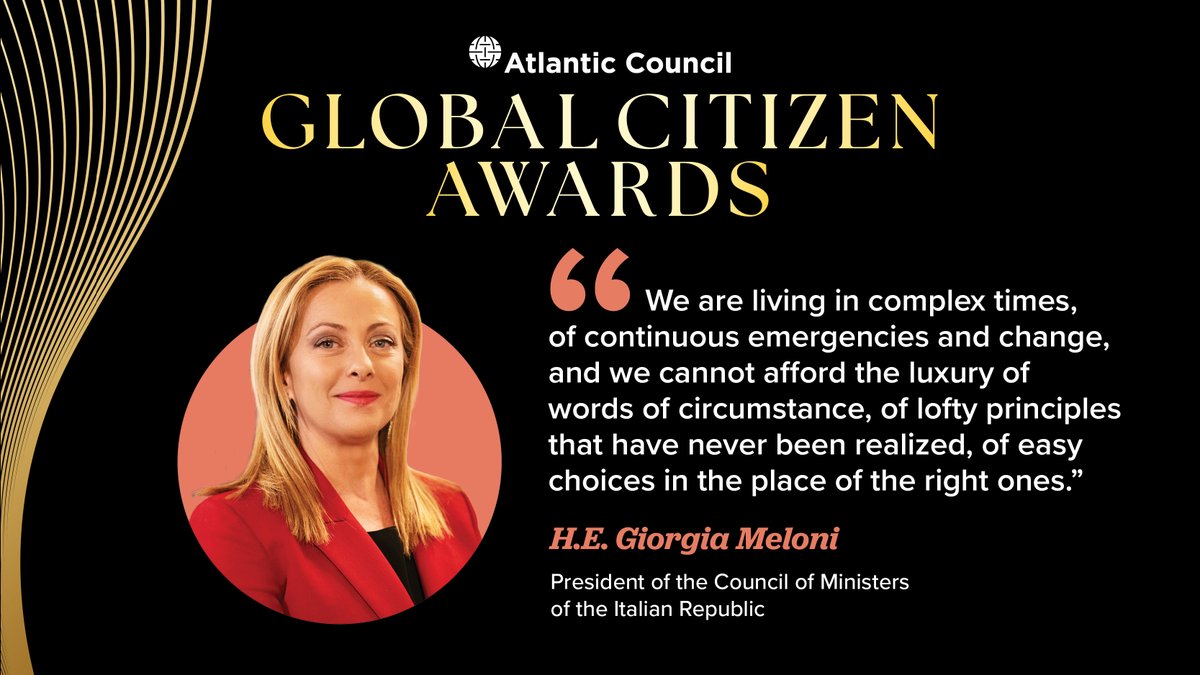 AtlanticCouncil's tweet photo. President of the Council of Ministers of the 🇮🇹 Italian Republic @GiorgiaMeloni will receive an Atlantic Council Global Citizen Award for her strong support of the EU and her becoming the first female prime minister of Italy. #GCA2024 #ACAwards 

Sign up to watch the broadcast on October 3: ➡️ https://t.co/bTFClVkRdj