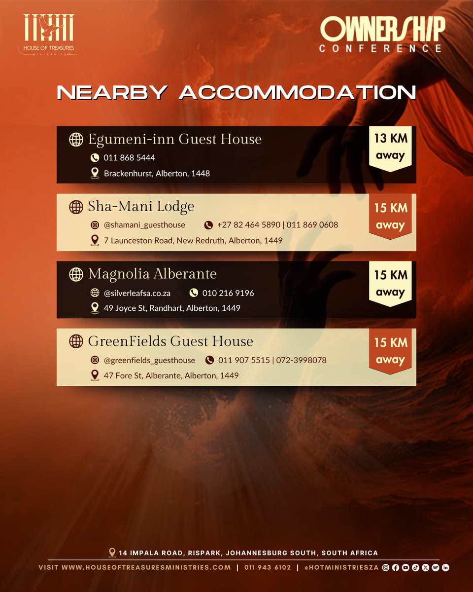 HoTMinistriesZA's tweet photo. OWNERSHIP CONFERENCE 2024
The new season is upon us. Be sure to plan accordingly to make sure you don’t miss your change of destiny at #OwnershipConference24
Here are nearby accommodations and transport services available. For the transport please contact the personal provided https://t.co/fNOBsTraR9