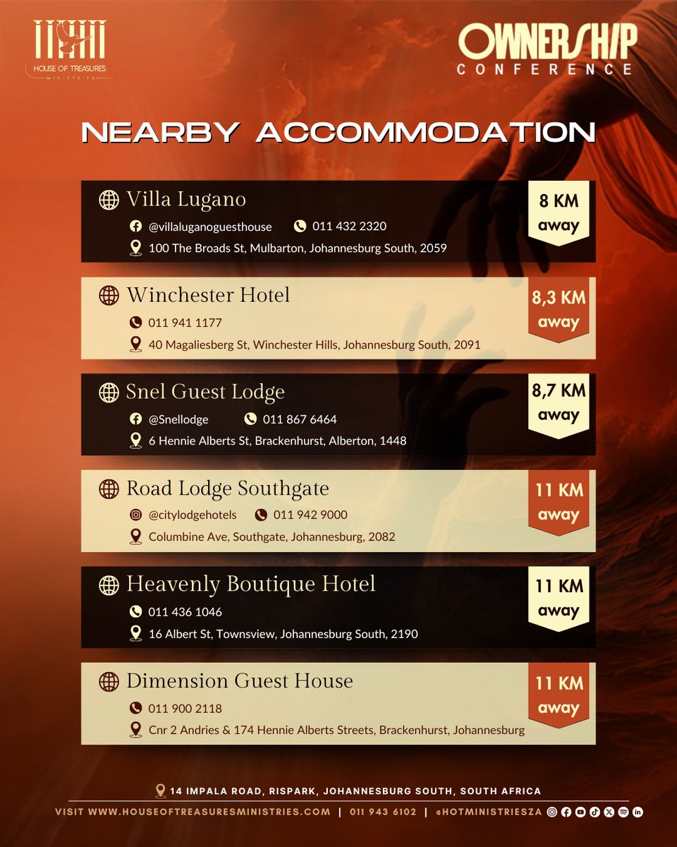 HoTMinistriesZA's tweet photo. OWNERSHIP CONFERENCE 2024
The new season is upon us. Be sure to plan accordingly to make sure you don’t miss your change of destiny at #OwnershipConference24
Here are nearby accommodations and transport services available. For the transport please contact the personal provided https://t.co/fNOBsTraR9