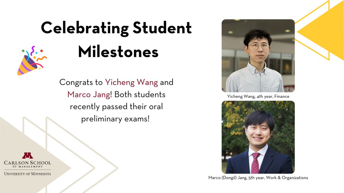 csom_phd's tweet image. Hats off to our remarkable PhD students! Finance student, Yicheng Wang, and WOrg student, Marco Jang have both passed their oral prelim exams! Your unwavering dedication has brought you to this momentous milestone. Keep shining! #csom #phd