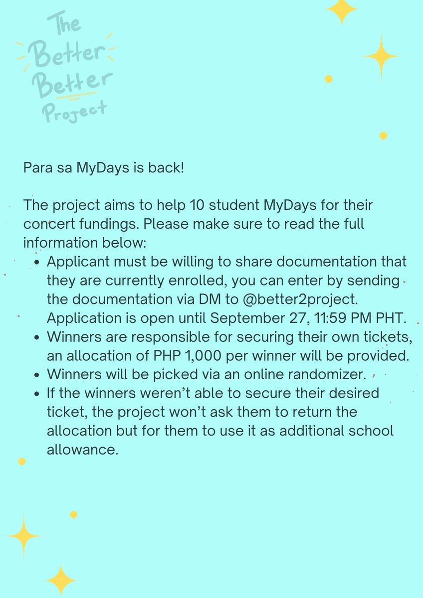 Better2Project's tweet image. Zero design skills! We are so back 🥲😂

As promised, the project would love to help student MyDays. It was decided to put an allocation for students because I know how it feels to save up to see your energizers while living off on allowance.

I hope we all get to see Day6. 🍀🩵