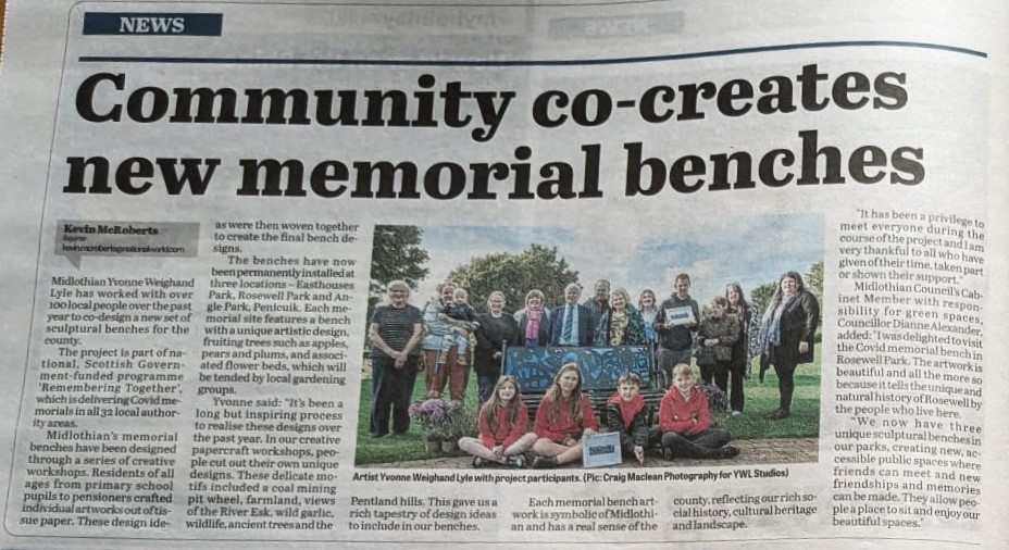 Read all about it! 📰
Great to share the news about our community project co-creating Covid Memorials for Midlothian with <a href="/Mid_Advertiser/">MidlothianAdvertiser</a>

We've installed new sculptural benches and small gardens co-designed by 100 local residents in parks in Penicuik, Rosewell and Easthouses