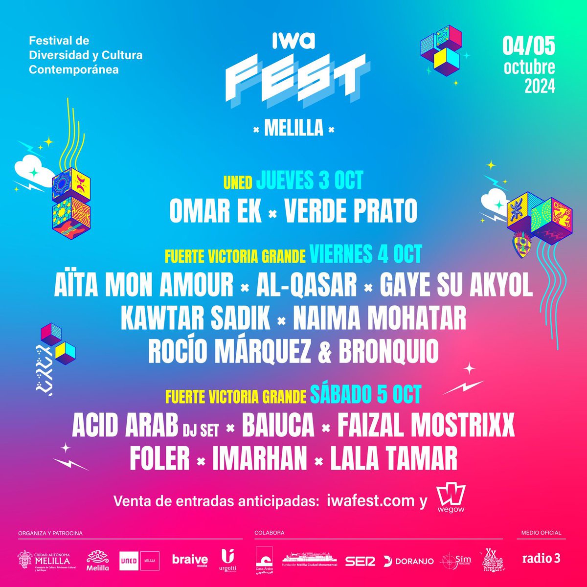cope_melilla's tweet photo. 🎶@IwaFest Melilla. Festival de Diversidad y Cultura Contemporánea

➡️Fuerte de Victoria Grande y UNED
➡️3, 4 y 5 de octubre
➡️Bandas emergentes, sonidos globales

¡Todo listo para 3 días llenos de música y cultura! Entradas en: https://t.co/gFg9m8PAiJ y wegow https://t.co/zdSRYePxsU