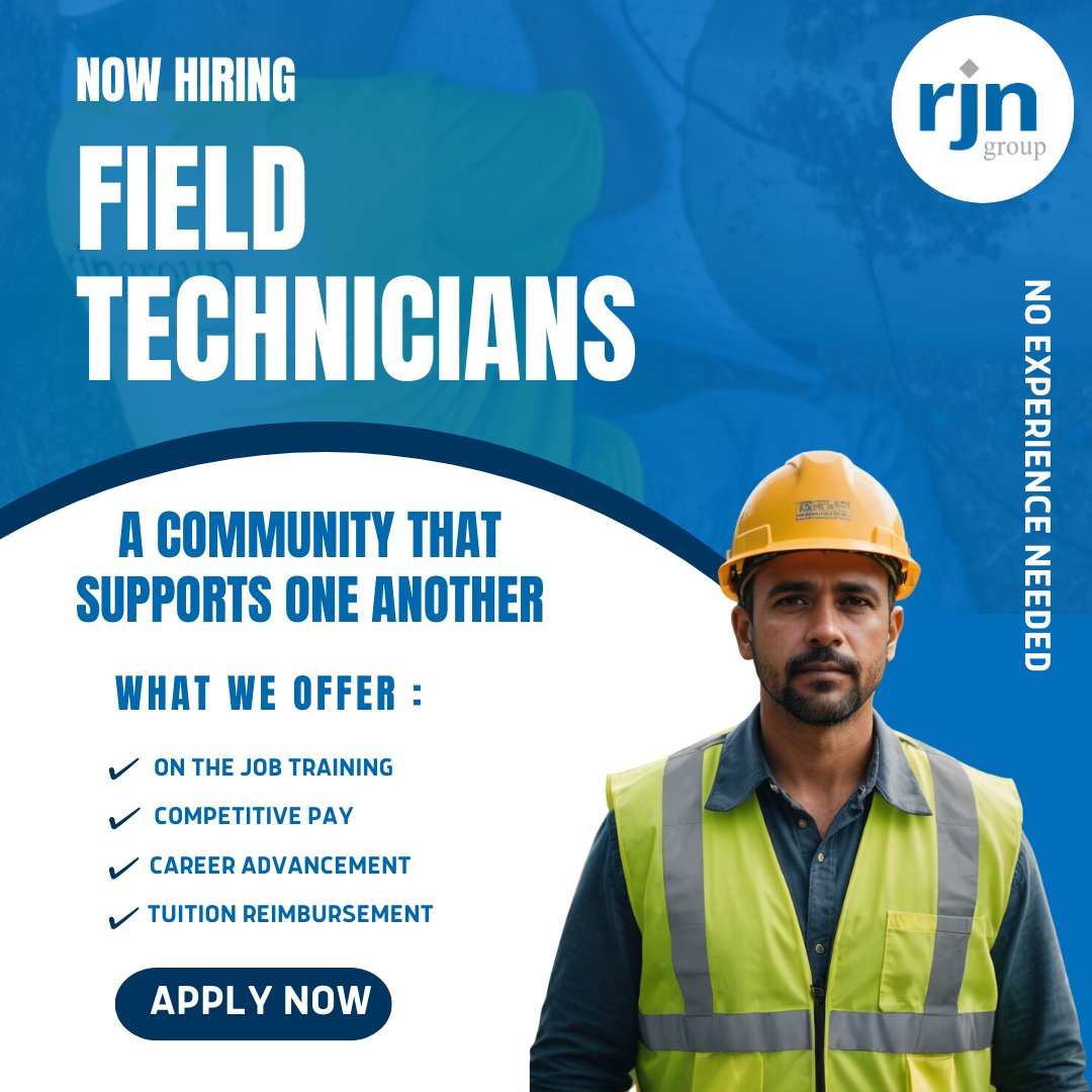 rjn_group's tweet image. No experience? No problem! We’ll train you, pay you, and help you grow. Join the RJN crew today! #HiringNow #FieldTechnicians #TheGroup #RJNGroup #CareerUpgrade