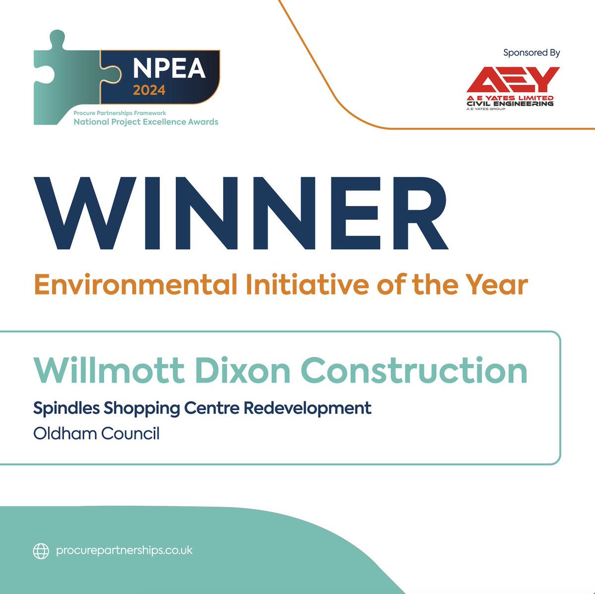 ProcurePF's tweet photo. It’s time for our first #NPEA2024 award! 🏆

Environmental Initiative of the Year goes to…

@WillmottDixon for Spindles Shopping Centre, @OldhamCouncil! 

Leading with 43% social value, focusing on sustainability, energy efficiency &amp; zero carbon! https://t.co/mF9uA3N85X