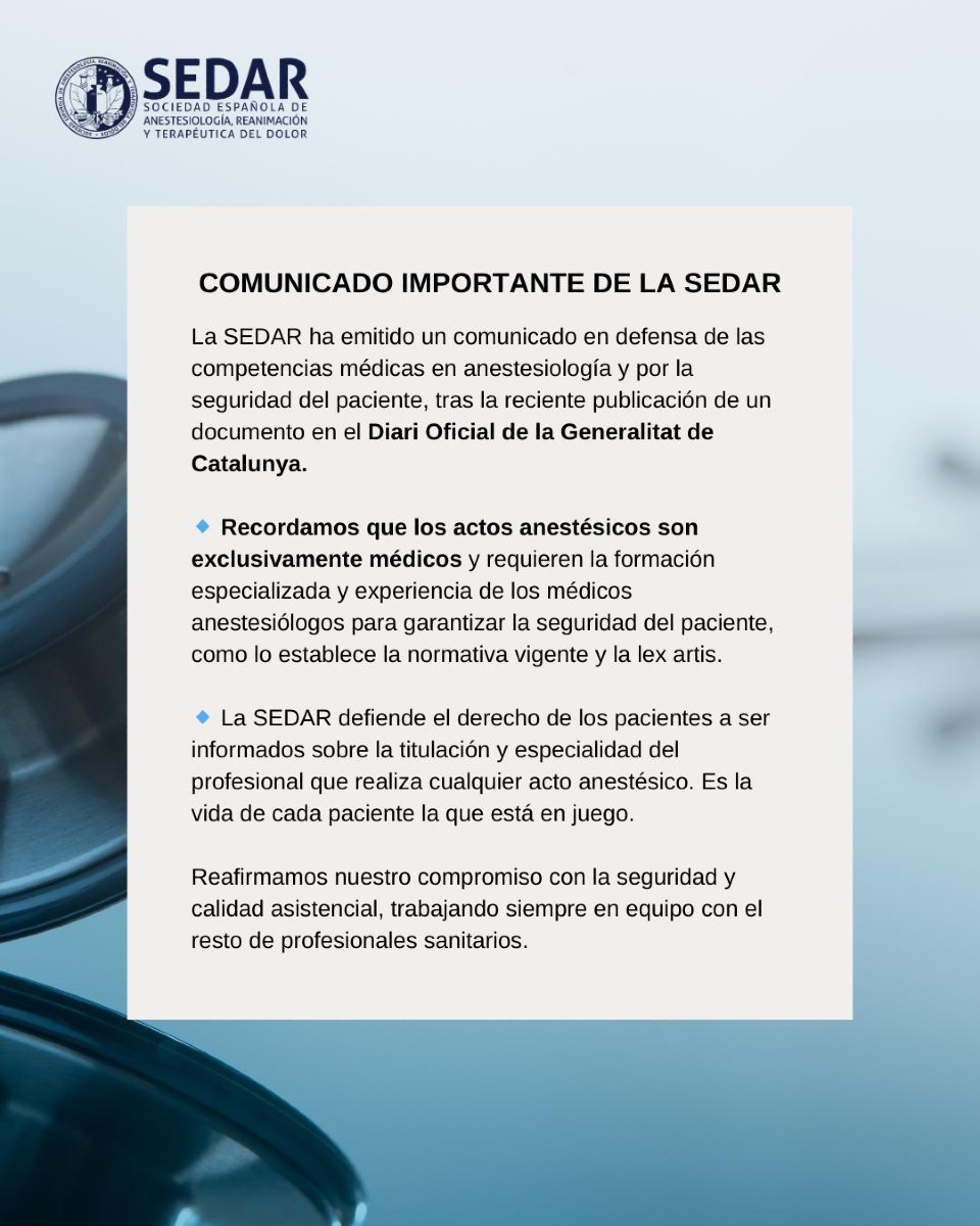 Sindicato Médico Andaluz (@smandaluz) on Twitter photo 📢 La Sociedad Española de Anestesiología,  Reanimación y Terapéutica del Dolor (SEDAR) lanza un comunicado en defensa de las competencias médicas en Anestesiología
🟢 Accede al comunicado aquí ➡️ i.mtr.cool/qhocuurgyv 📢 La Sociedad Española de Anestesiología,  Reanimación y Terapéutica del Dolor (SEDAR) lanza un comunicado en defensa de las competencias médicas en Anestesiología
🟢 Accede al comunicado aquí ➡️ i.mtr.cool/qhocuurgyv