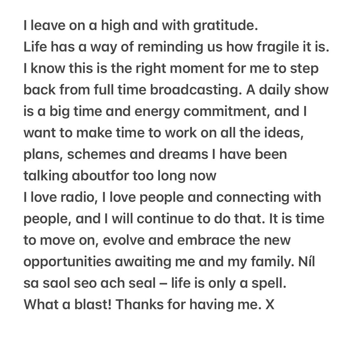 Some news… 
I am moving on and leaving BBC Radio Ulster. It’s been a blast, but it’s time to evolve take on new opportunities. Thanks for having me. Final shows are next week. x