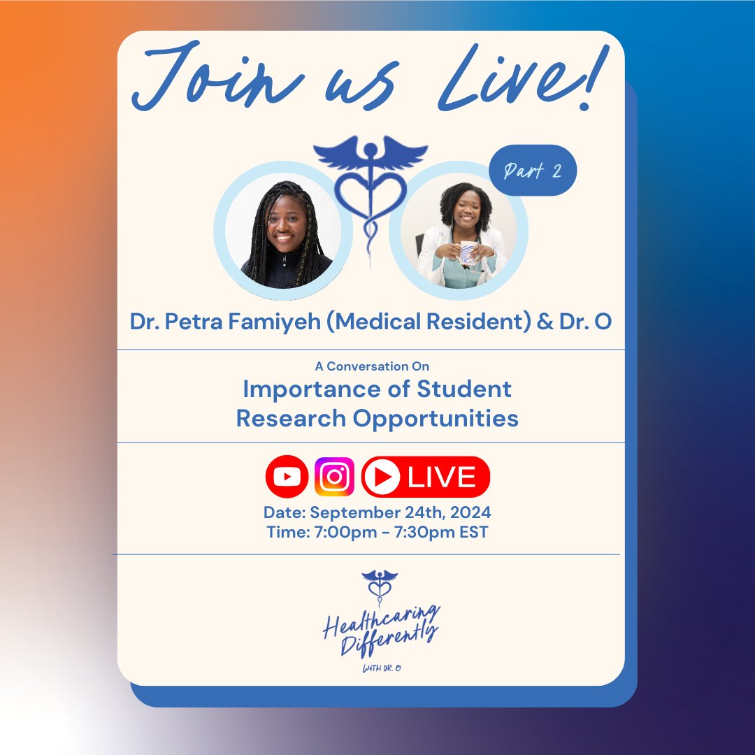 Join Dr.O on Tues, Sept 24 at 7 PM EST for Healthcaring Differently featuring Petra Famiyeh!  Live on LinkedIn, IG, or YouTube Live! #HealthcaringDifferently #MedTwitter #MedicalEducation #Premed #Healthcare #Medicine