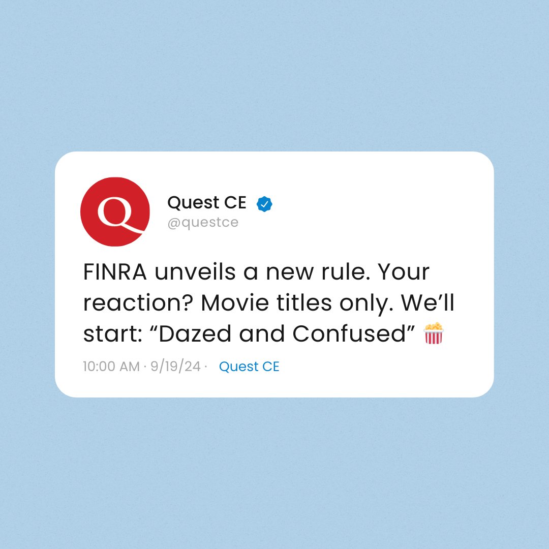 QuestCE's tweet image. Lights, camera, compliance action! 🎬What cinematic masterpiece best captures your reaction to new rules? Share your blockbuster title and let&apos;s see which title steals the spotlight! 

#compliancehumor #dazedandconfused #complianceaction