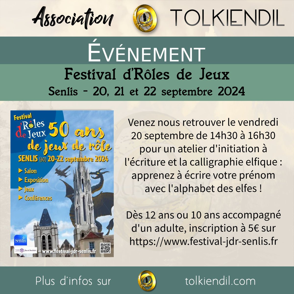 tolkiendilfr's tweet photo. Nous vous proposons au @festivaldrolesdejeux à #Senlis les deux activités suivantes :
- Demain 14h30 : un atelier #calligraphieelfique => inscription sur https://t.co/ydkRvDmEN2
- Après-demain 13h : une partie de #jdr => inscription sur https://t.co/4nzTf0CA5A https://t.co/OZlg9fHO6i