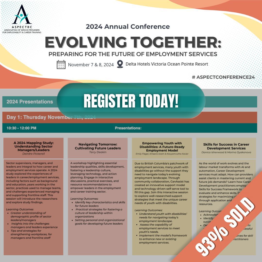 Exciting news! We’ve just released the presentation descriptions and learning outcomes for #ASPECTconference24. Head to aspect.bc.ca/Program24 to explore the sessions and register—there are only a few spots left, so act fast!