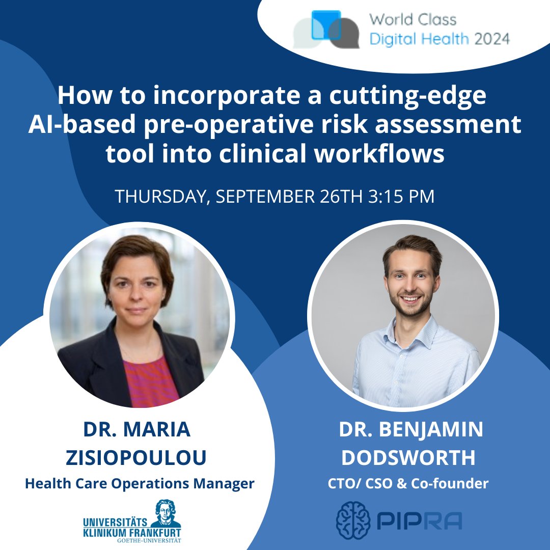 🚀 PIPRA is excited to be part of the World Class Digital Health event on September 26 at the Leonardo Hotel Frankfurt City South, Germany!

We are very happy to have won Dr. Maria Zisiopoulou, Health Care Operations and Clinic Manager for Cardiology from Universitätsklinikum
