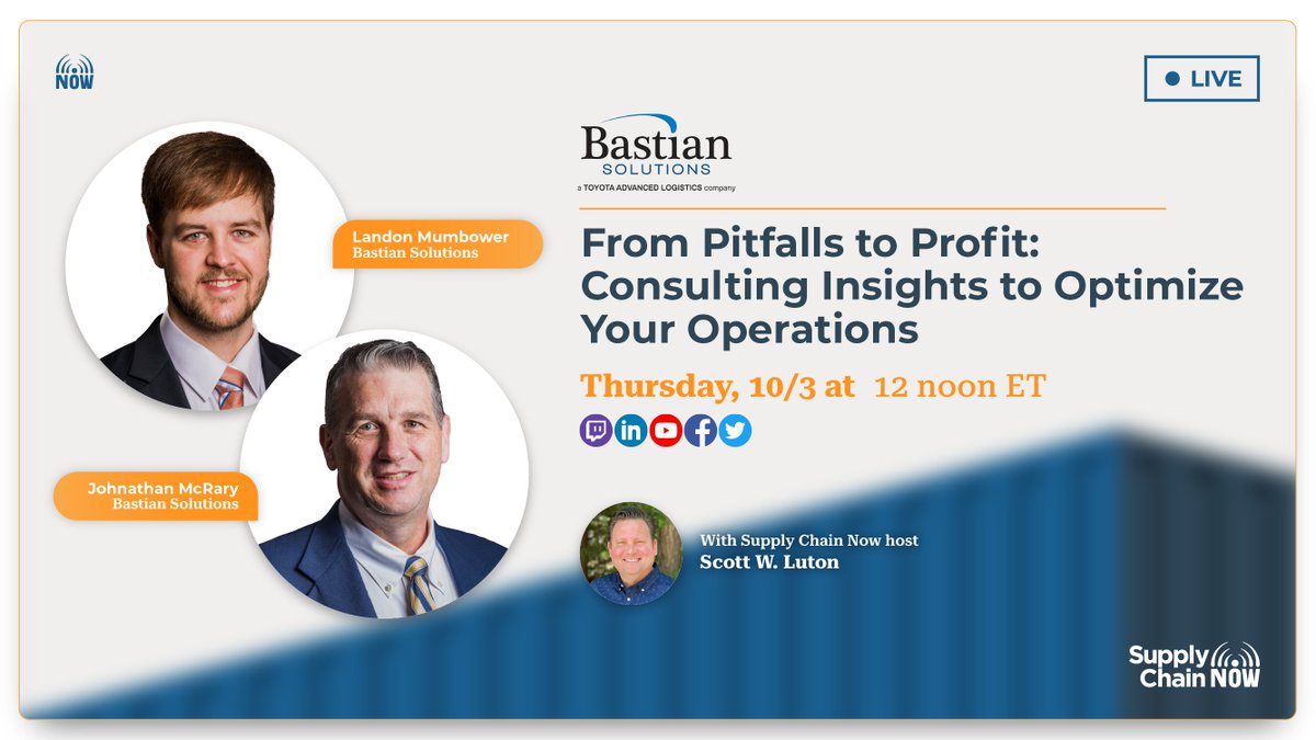 _supplychainnow's tweet photo. π Livestream on boosting your #distributioncenters! Join @ScottWLuton with @BastianSolutionβ Landon Mumbower & Johnathan McRary for five key strategies on automating #DCs and choosing top consultants.
π https://t.co/9E9Gdxu0G8 https://t.co/7kWOkhjddI