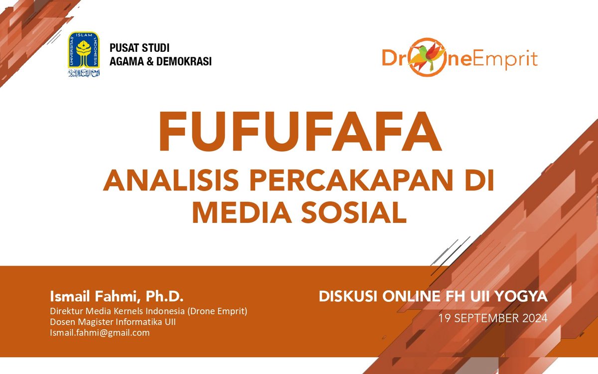 DroneEmpritOffc's tweet photo. FUFUFAFA: ANALISIS PERCAKAPAN DI MEDIA SOSIAL

Akun kaskus ‘Fufufafa’ lagi ramai dibahas nih! Netizen menduga akun ini milik Gibran, Wapres terpilih. Gimana bisa seheboh ini? Simak analisis selengkapnya! 

Periode: 28 Agustus -18 September 2024

By Drone Emprit (@ismailfahmi) https://t.co/1It2jMq0Kt