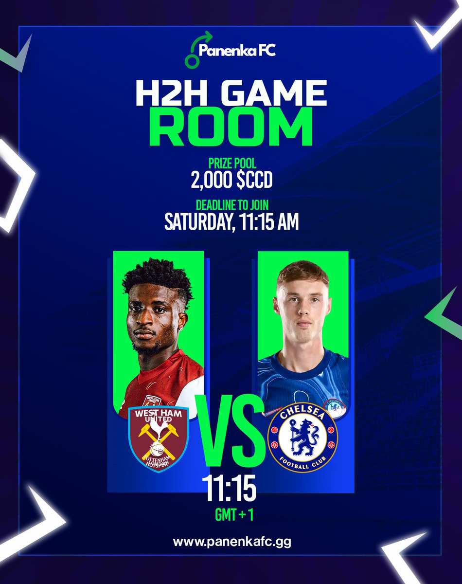 PanenkaFC90's tweet photo. 🚨 Head-to-Head Game Room 🕹️
Fixture🗞️: West Ham 🆚 Chelsea
Top Prize💰: 2000 $CCD
Deadline to Join ⏳: Saturday, 11:15 am
It’s derby day as two of London’s top teams face off in the early kickoff fixture for Gameweek 5 🔥
The Hammers host Chelsea, aiming to rebound after a string of poor results, while the Blues will be just as eager to secure all three points.⚒️🔵
The clock is already ticking, build your squad and join the game room if you haven’t 👇
https://t.co/Er9VjMdKib
#FPL #Ashwin #Monaco #Atalanta #Arsenal #IndVsBan #Lookman