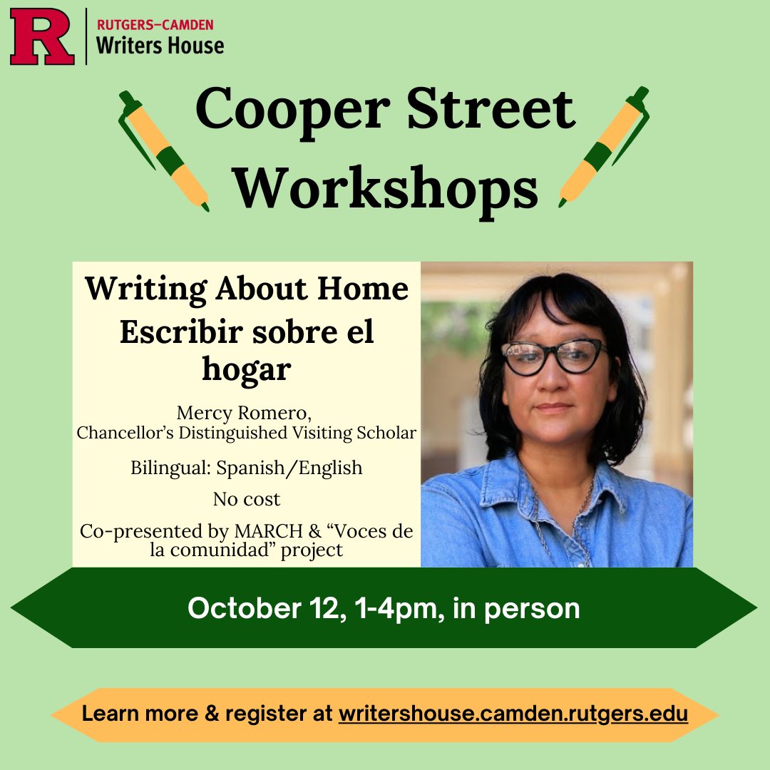 MFACamden's tweet image. 🏠 October 12 / 12 de octubre: Writing About Home / Escribir sobre el hogar 🏠 “Writing About Home” will bring community members together to think about how we engage with place, and specifically the places we call “home.” Free! Registration required.
writershouse.camden.rutgers.edu/events/