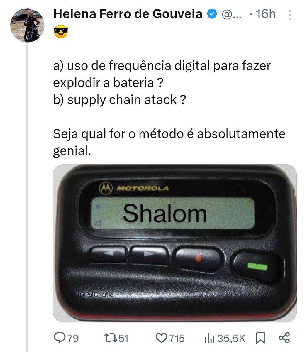 JoanaMortagua's tweet photo. Não é genial. É maquiavélico e é crime de guerra.  Morreram crianças nestes ataques discriminados. Milhares de civis feridos. Quem nos exigiu que condenássemos o terror do Hamas (e condenamos!) aplaude o terror da Mossad. https://t.co/kvua6u0SoO