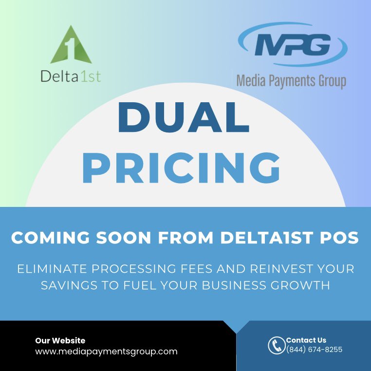mediapayments's tweet photo. 🌟 Exciting News from Media Payments Group! 🌟 We’re thrilled to unveil a game-changer for your payment processing experience! 🚀 Introducing the Dual Pricing Model coming soon with Delta1st POS https://t.co/Xj2sOr1Egb